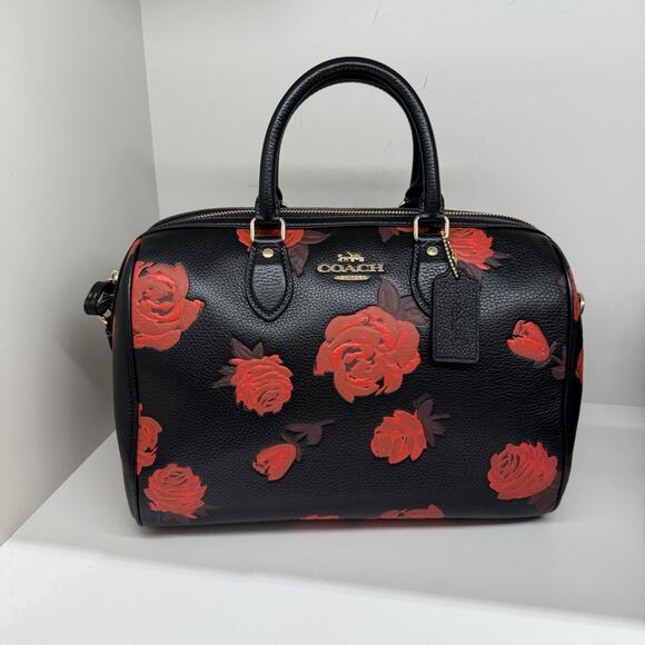 Coach Rowan Large Satchel Bag With Floral Print CCE27 Black/Red - Picture 1 of 7